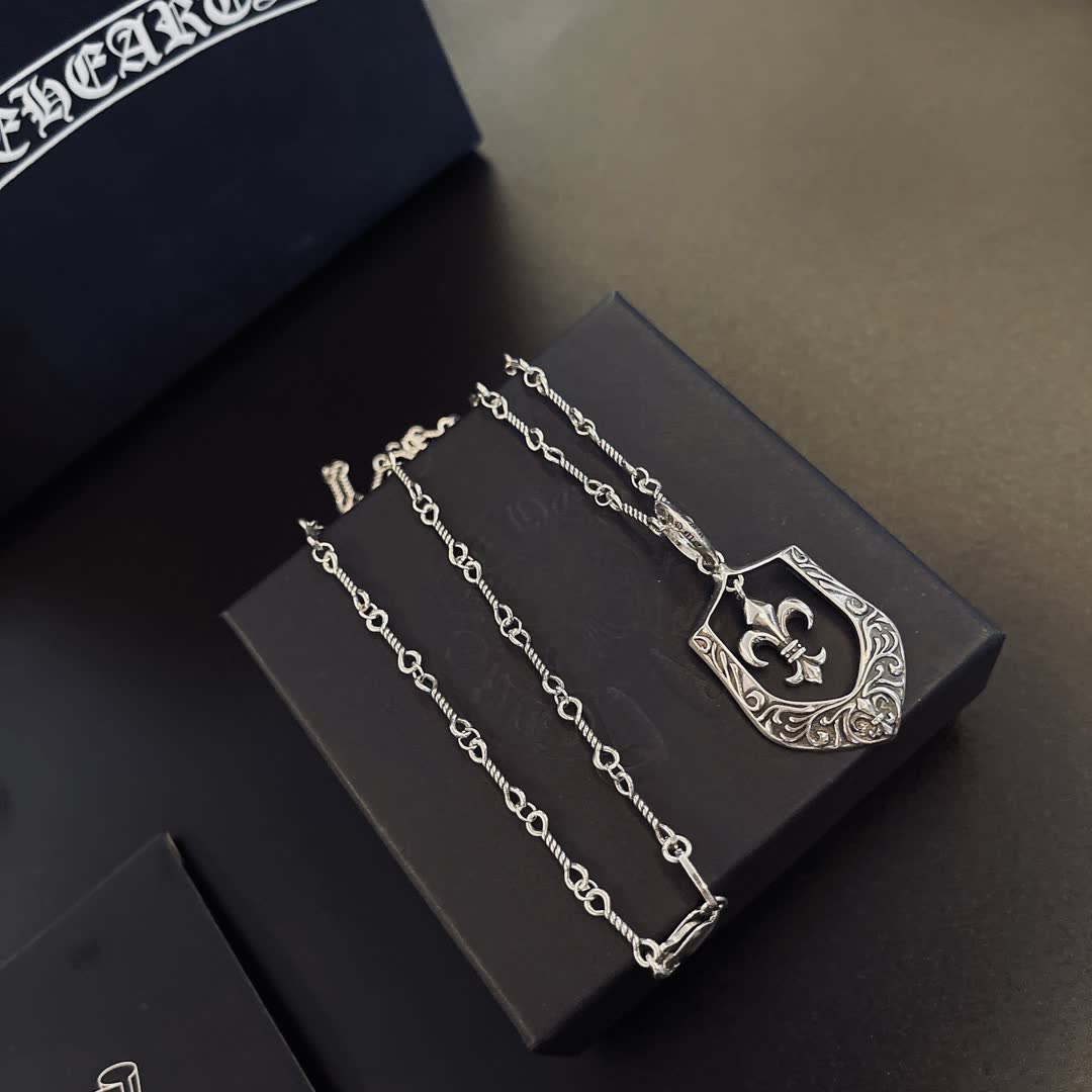 Chrome Hearts Silver Fleur-de-lis Shield Necklace
